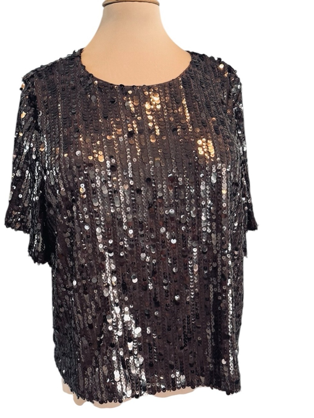 Loft Fully Sequined Brown Sequins Formal Evening Short Sleeve Blouse Top XL